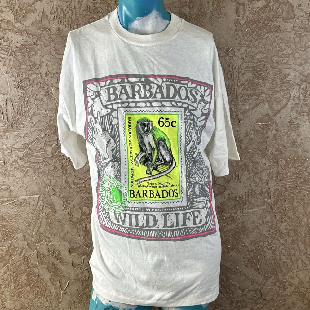Vintage Rosco Barbados Wildlife T-Shirt XL Green Monkey Stamp Graphic NWT